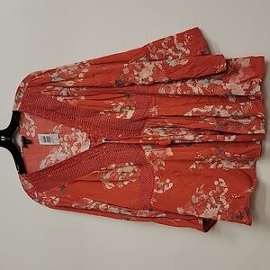 Babydoll Gauze Crochet Trim Lace-Up Top 1X NWT